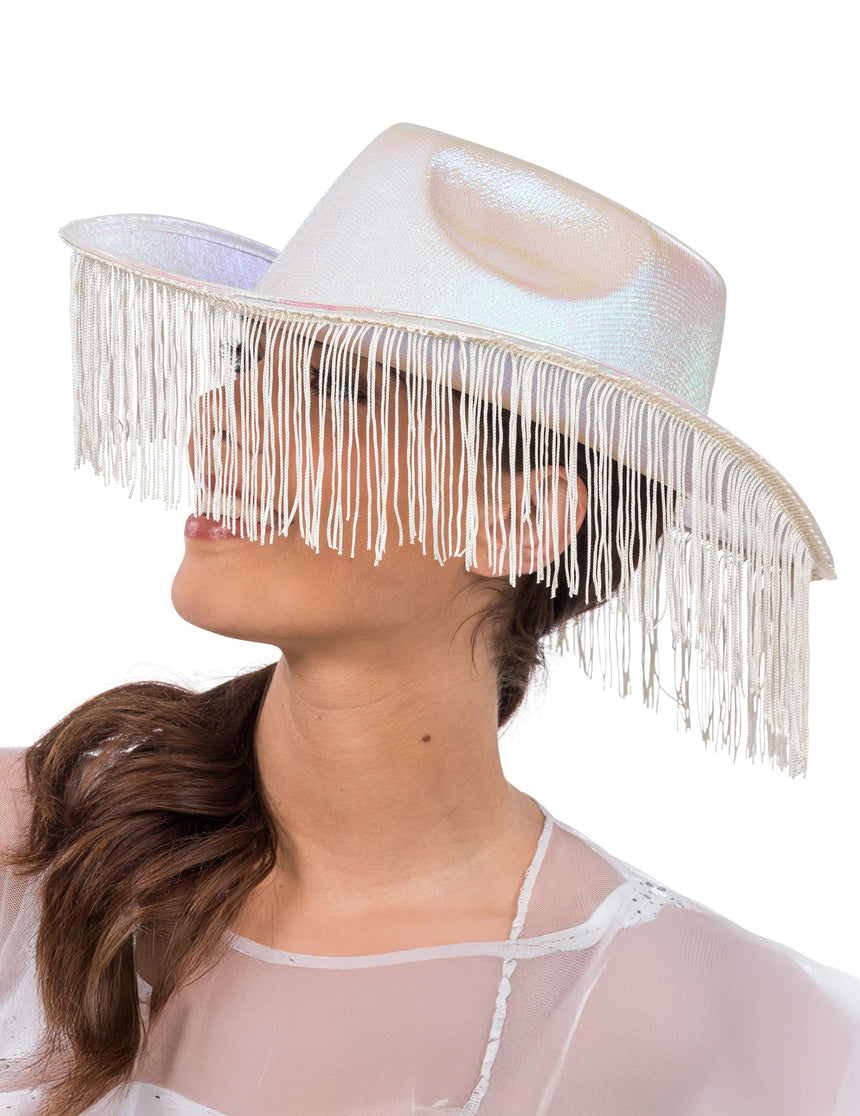 Chapeau de cowboy irisé blanc avec franges adulte