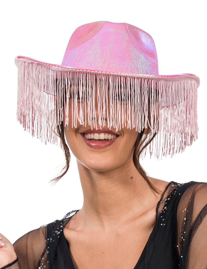 Chapeau de cowboy irisé rose avec franges adulte