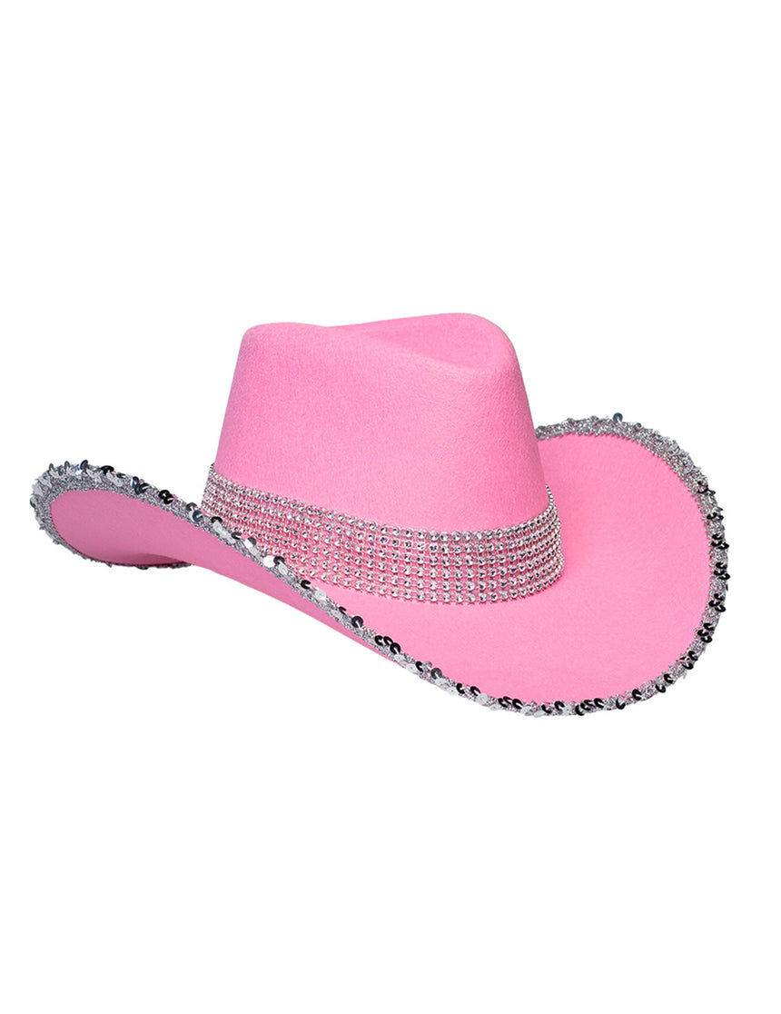 Chapeau de cowboy rose clair à strass adulte