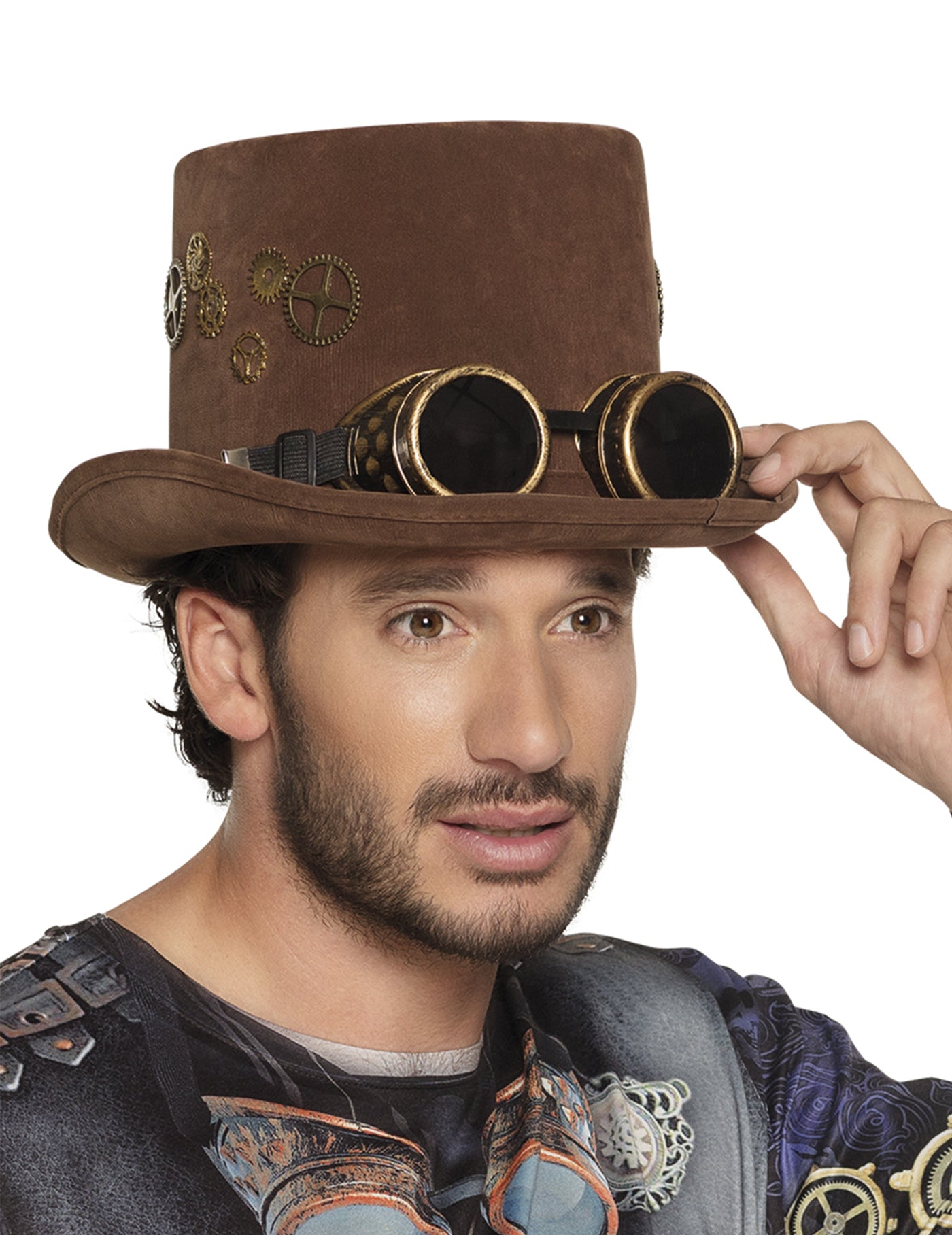 Chapeau haut de forme marron rouages lunettes Steampunk adulte
