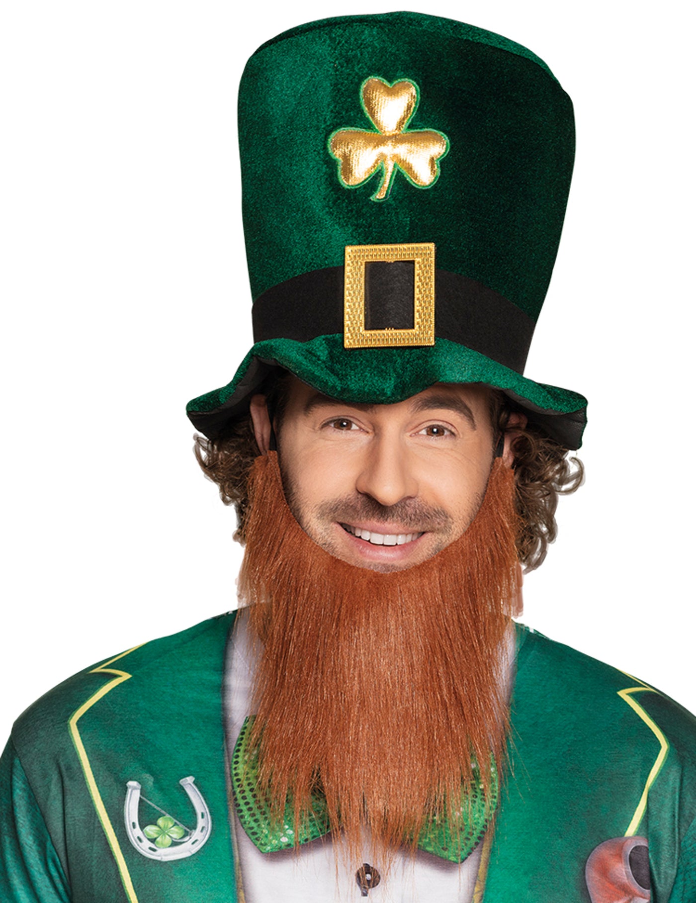 Chapeau haut de forme trèfle doré adulte avec barbe Saint Patrick