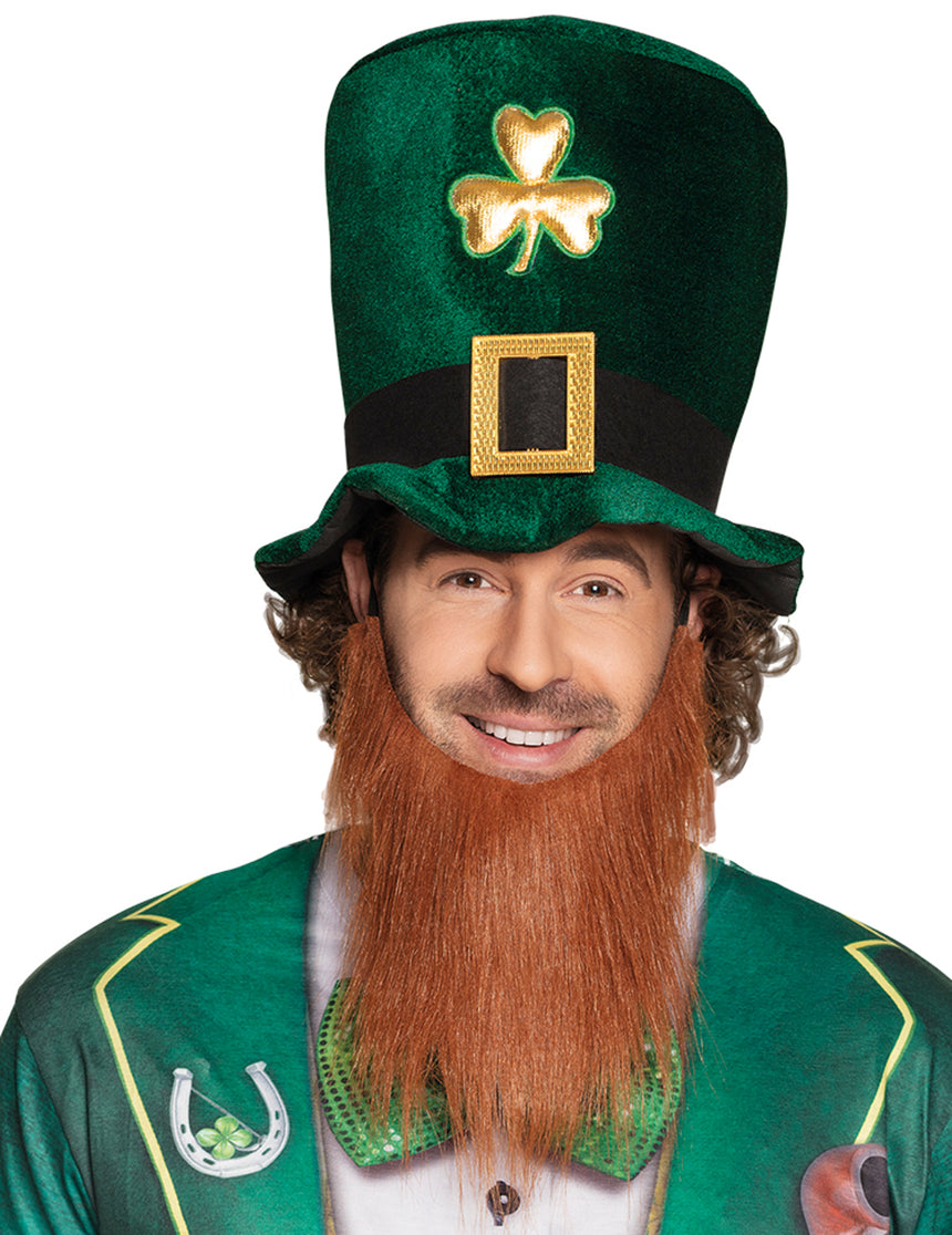 Chapeau haut de forme trèfle doré adulte avec barbe Saint Patrick