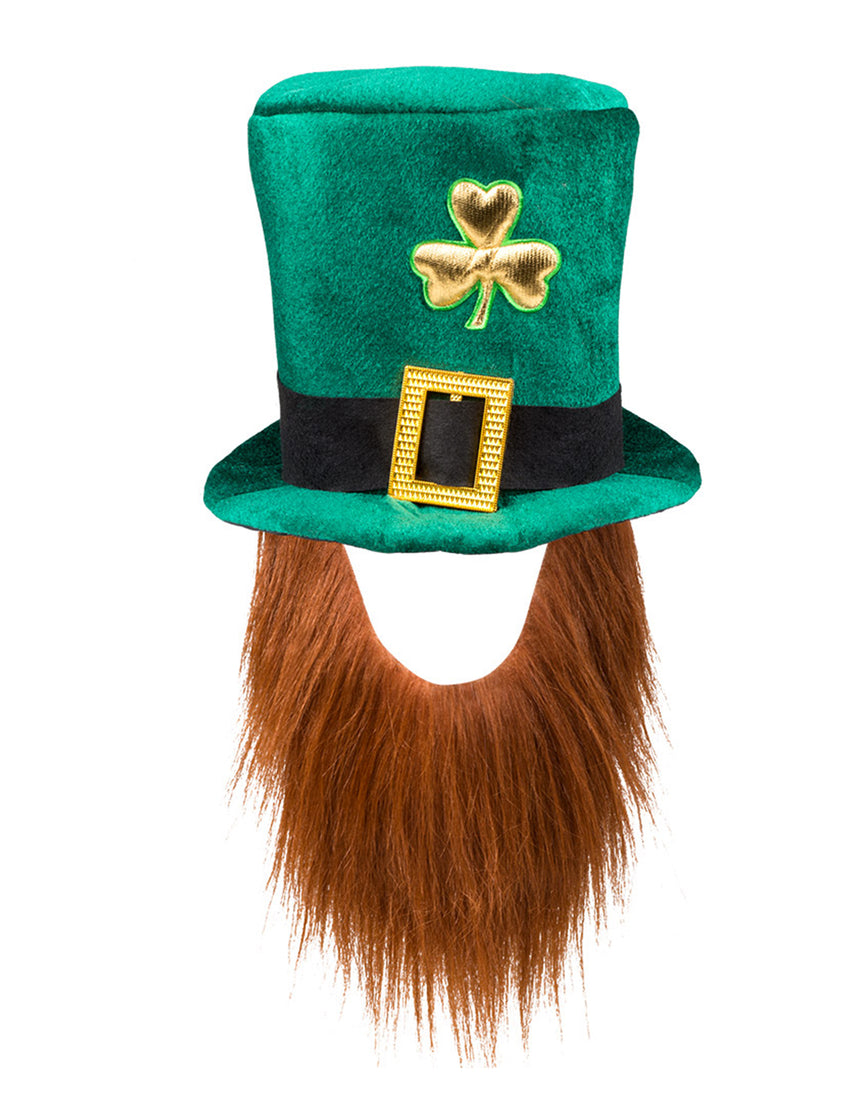 Chapeau haut de forme trèfle doré adulte avec barbe Saint Patrick