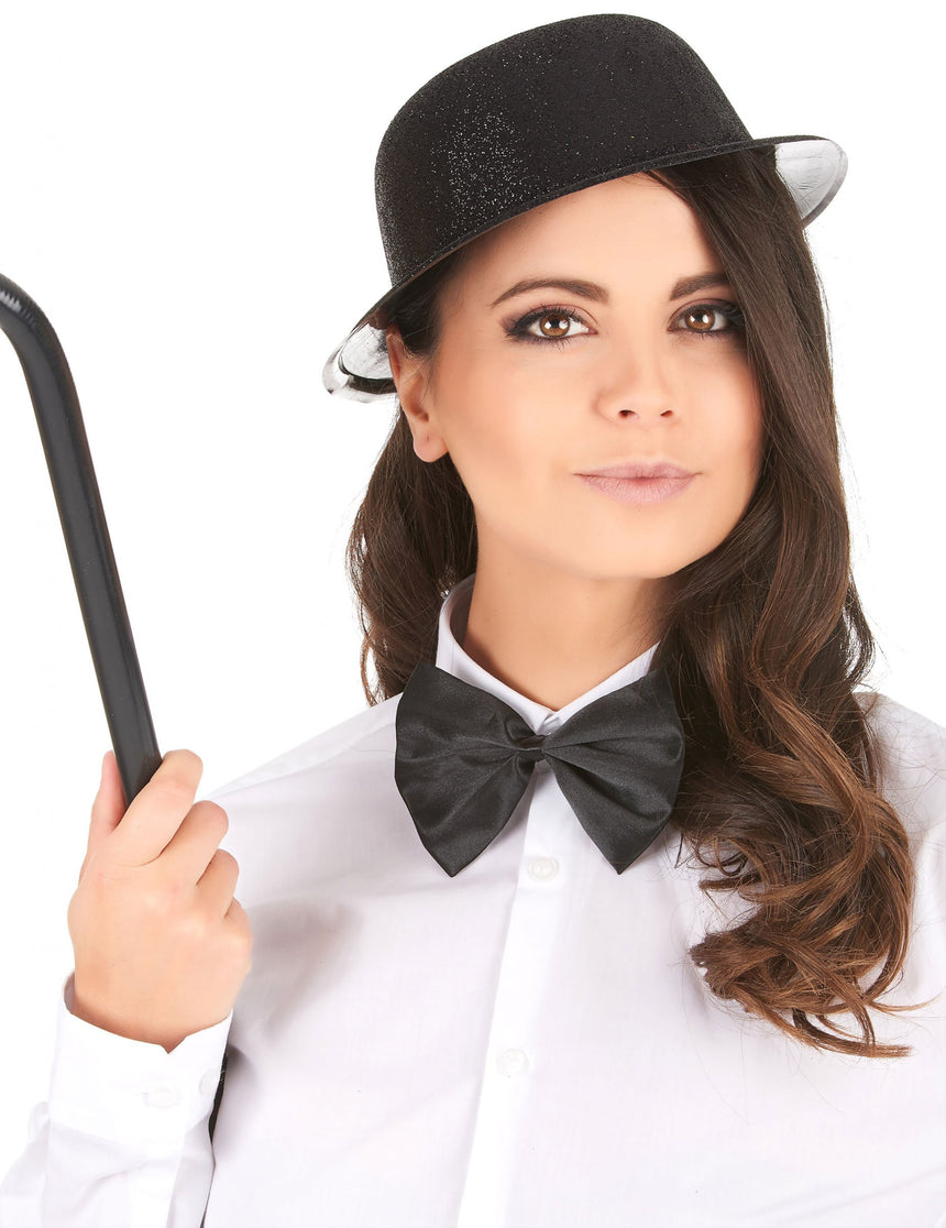 Chapeau melon plastique pailleté noir adulte