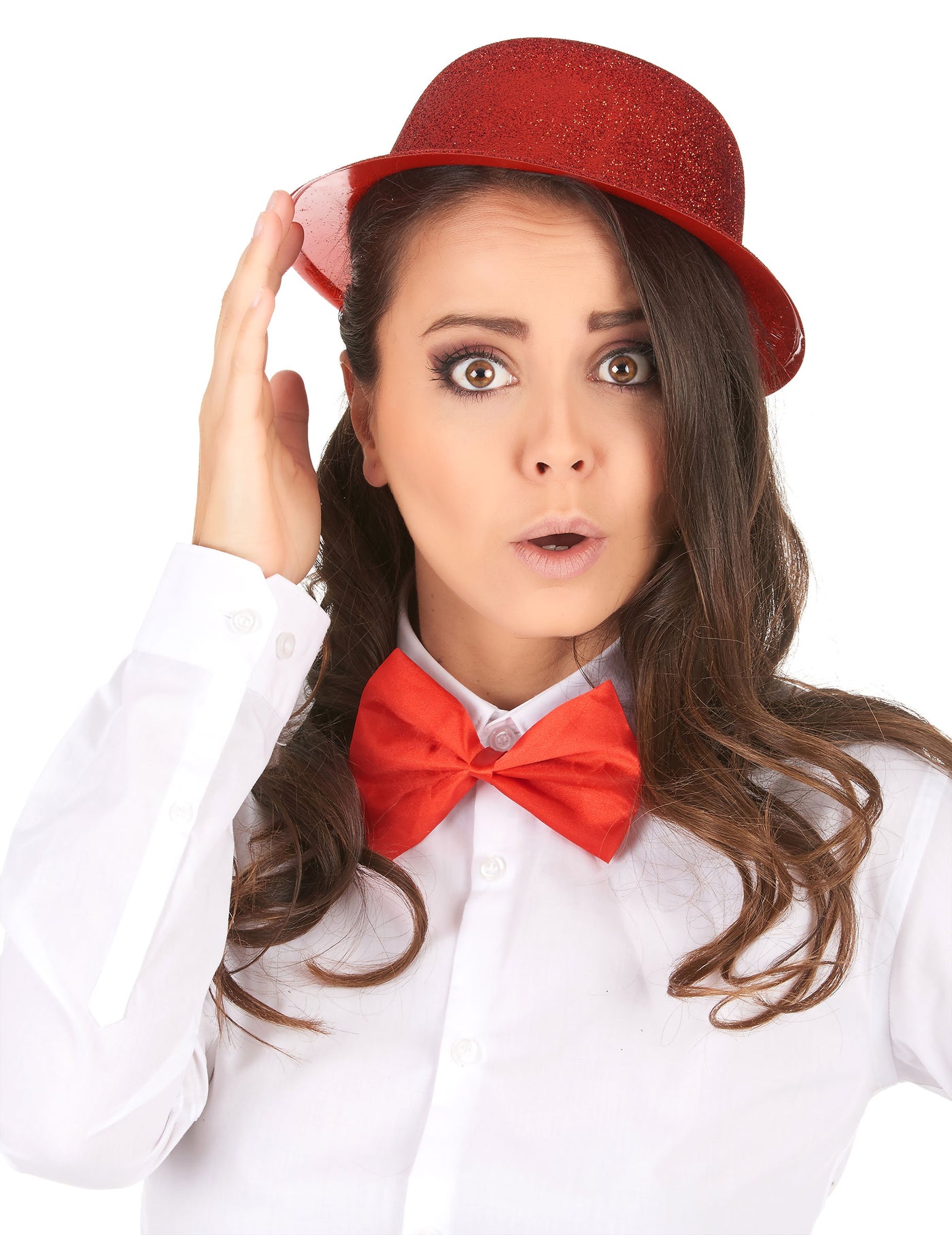 Chapeau melon plastique pailleté rouge adulte