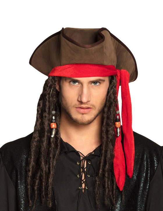 Chapeau pirate marron avec perruque adulte