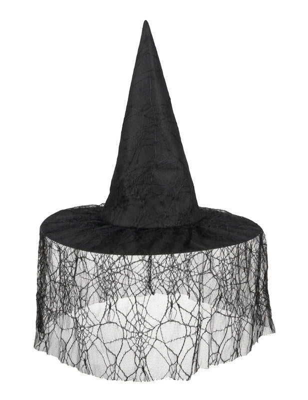 Chapeau sorcière noir avec voile araignée femme Halloween