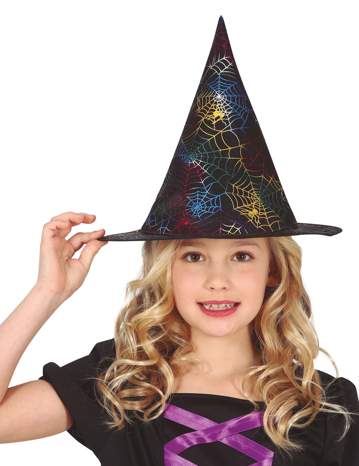 Chapeau sorcière toiles d'araignées multicolores enfant
