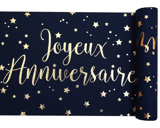 Chemin de table coton joyeux anniversaire bleu marine et or 28 cm x 3 m