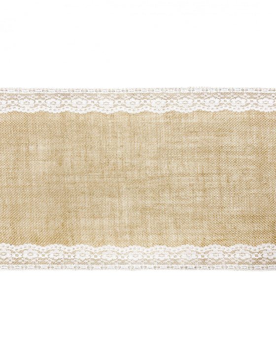 Chemin de table en jute bordures dentelle 28 cm x 2,75 m pour mariage
