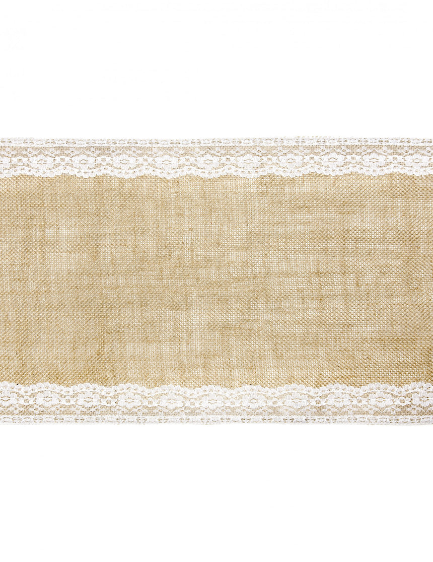 Chemin de table en jute bordures dentelle 28 cm x 2,75 m pour mariage