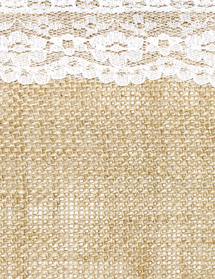 Chemin de table en jute bordures dentelle 28 cm x 2,75 m pour mariage