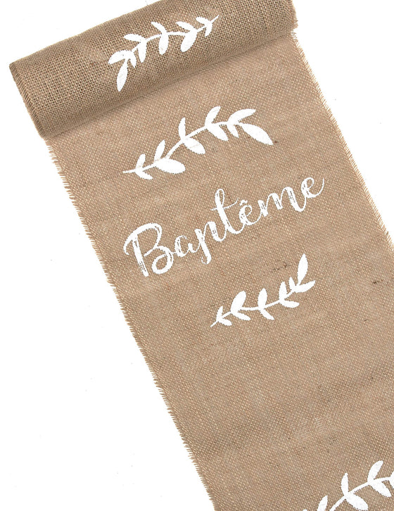 Chemin de table en toile de jute baptême et feuillages 5 m