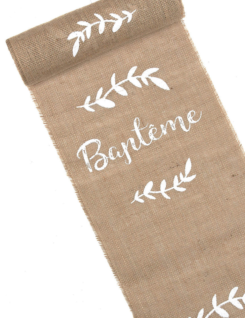 Chemin de table en toile de jute baptême et feuillages 5 m