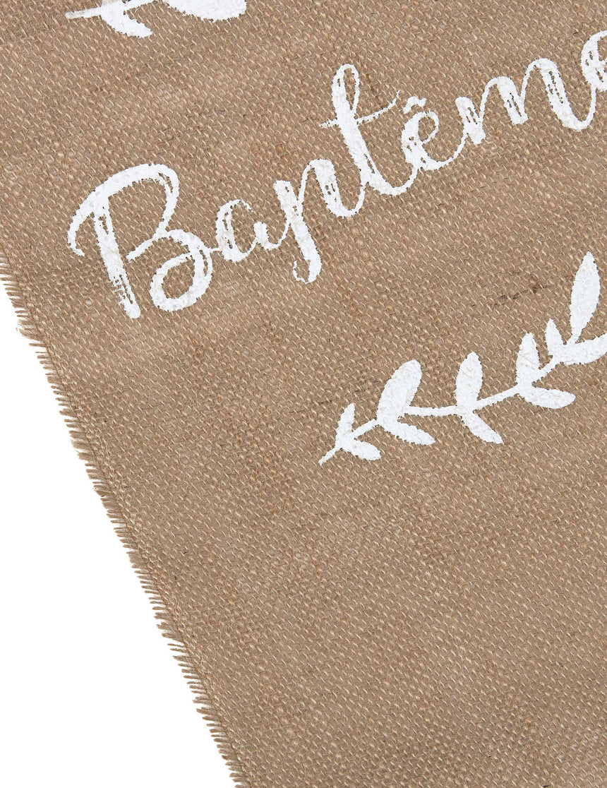 Chemin de table en toile de jute baptême et feuillages 5 m