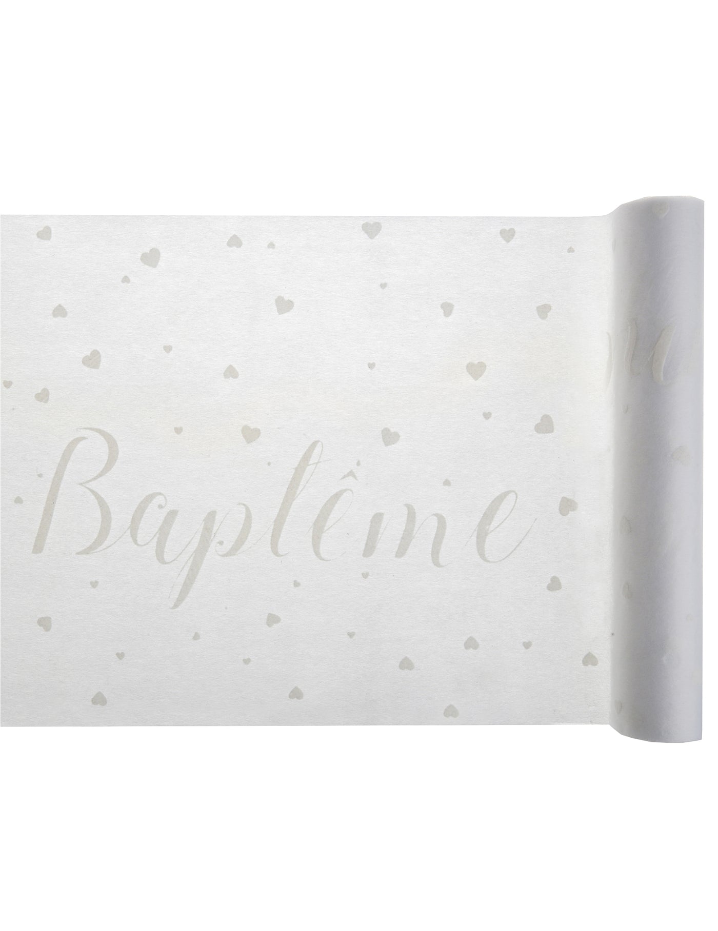 Chemin de table intissé baptême blanc à c?urs gris 30 cm x 5 m