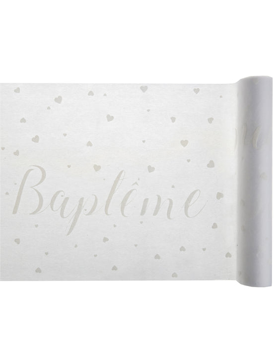 Chemin de table intissé baptême blanc à c?urs gris 30 cm x 5 m
