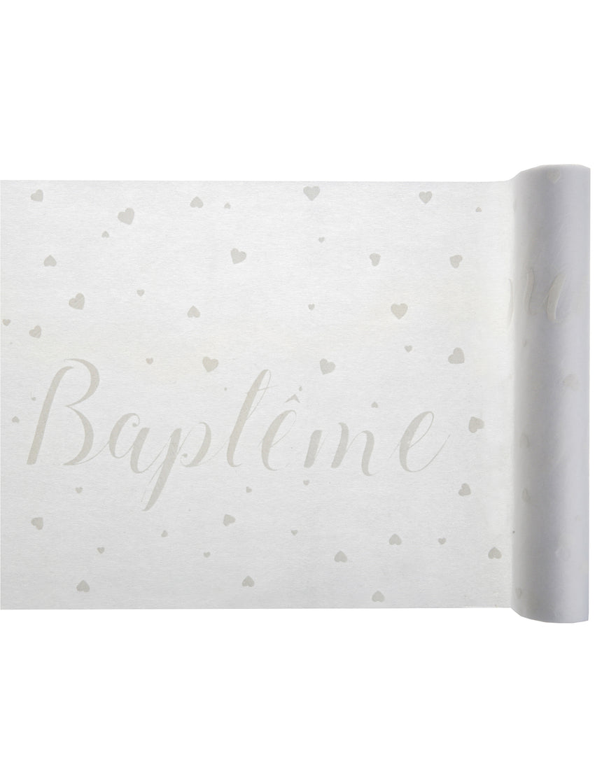 Chemin de table intissé baptême blanc à c?urs gris 30 cm x 5 m