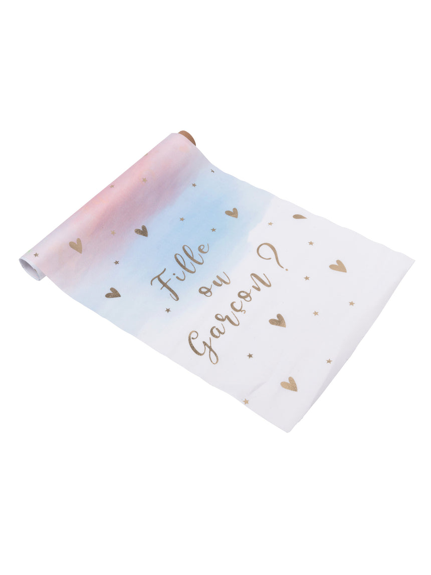 Chemin de table en tissu fille ou garçon rose bleu et or 28 cm x 5 m baby shower