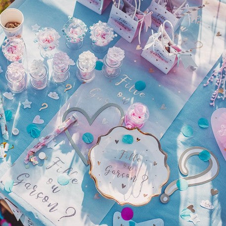 Chemin de table en tissu fille ou garçon rose bleu et or 28 cm x 5 m baby shower