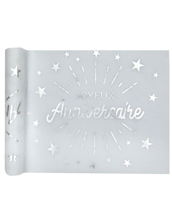 Chemin de table intissé anniversaire blanc et argent étoiles 5m x 30 cm