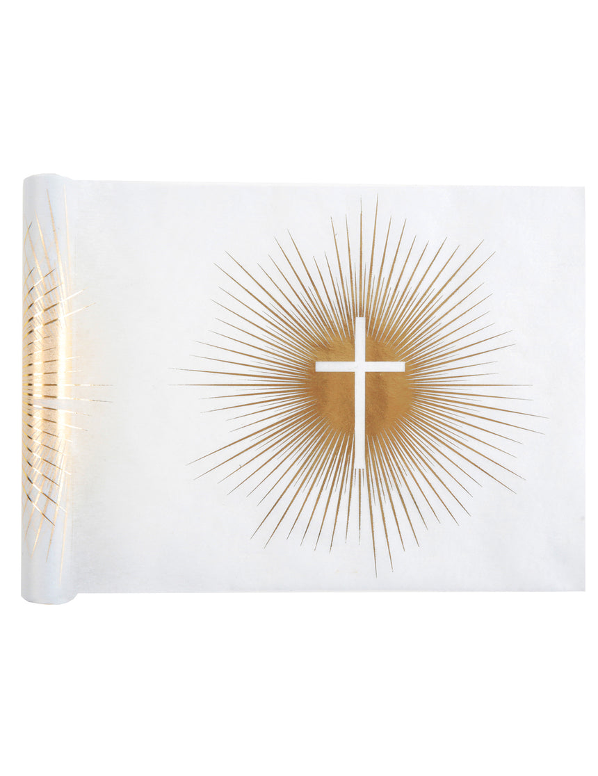 Chemin de table intissé de cérémonie doré 5 m x 30 cm avec croix