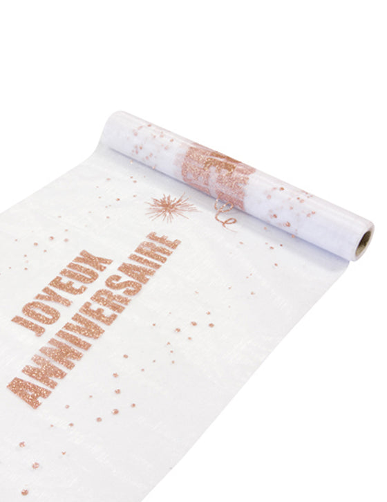 Chemin de table organza joyeux anniversaire rose gold pailleté 5m
