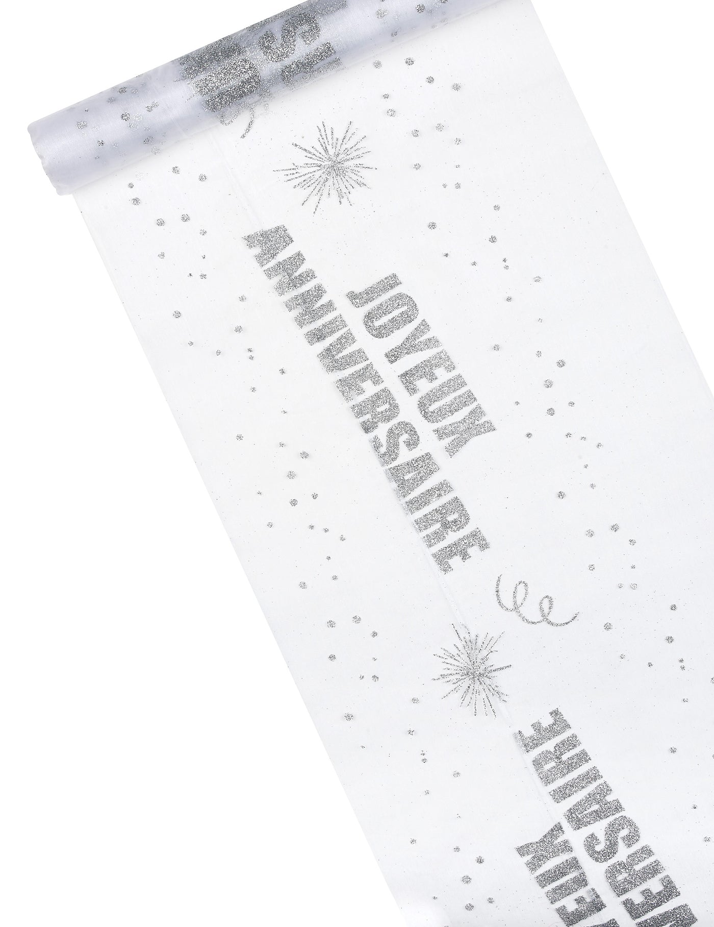Chemin de table organza joyeux anniversaire argent pailleté 29 cm x 5 m