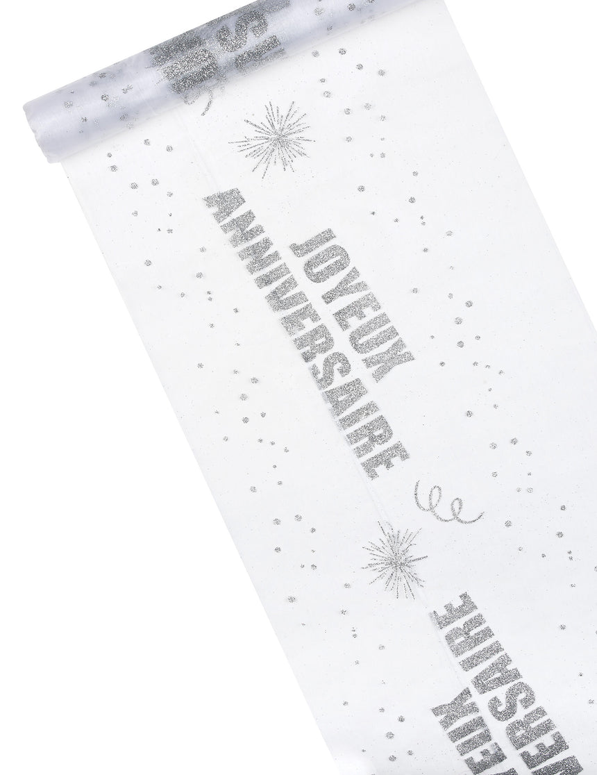 Chemin de table organza joyeux anniversaire argent pailleté 29 cm x 5 m