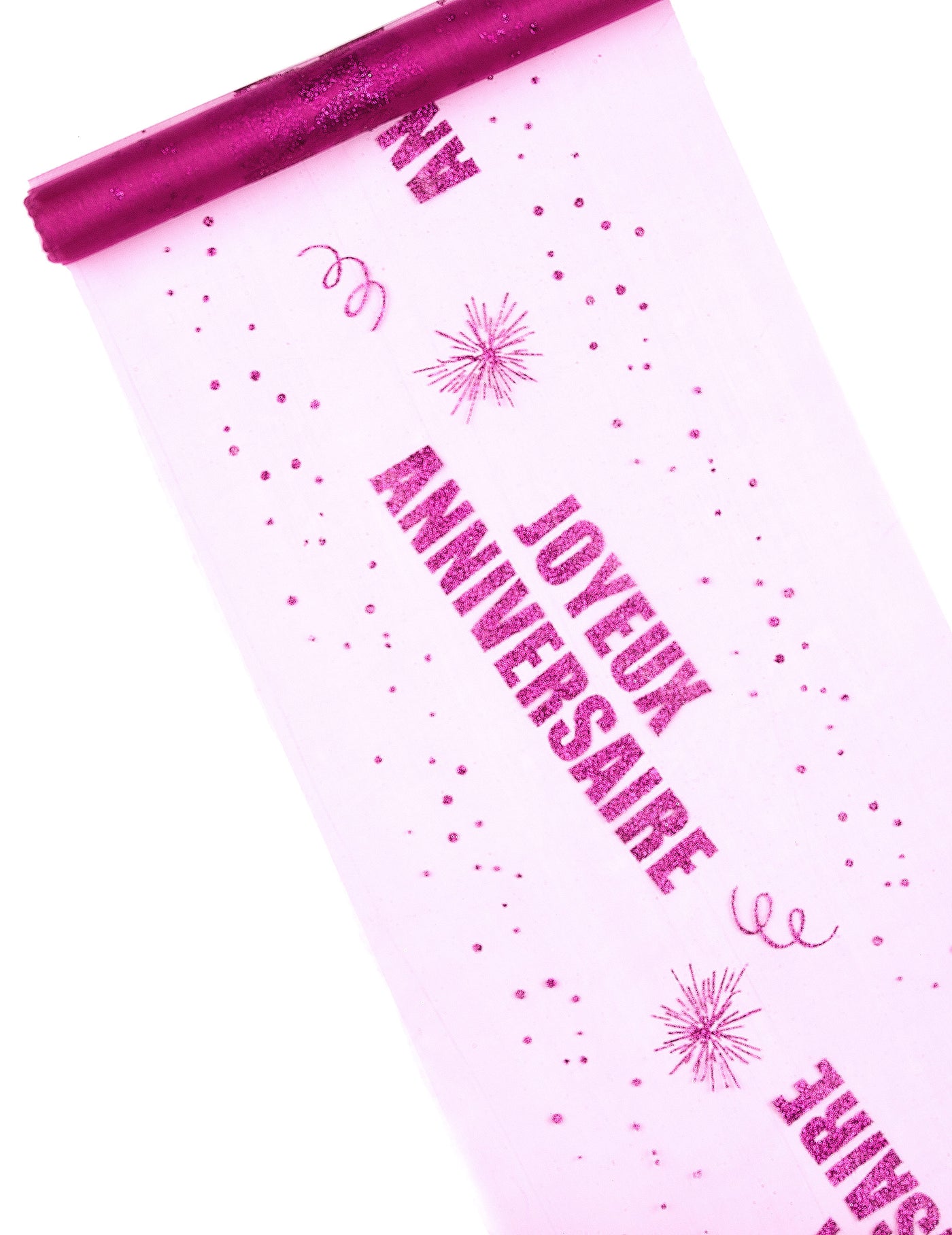 Chemin de table organza joyeux anniversaire fuchsia pailleté 29 cm x 5 m