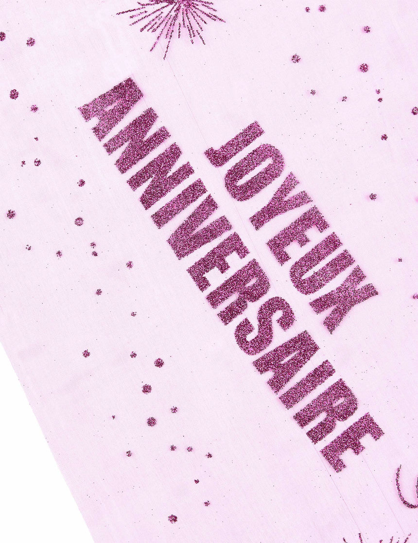 Chemin de table organza joyeux anniversaire fuchsia pailleté 29 cm x 5 m