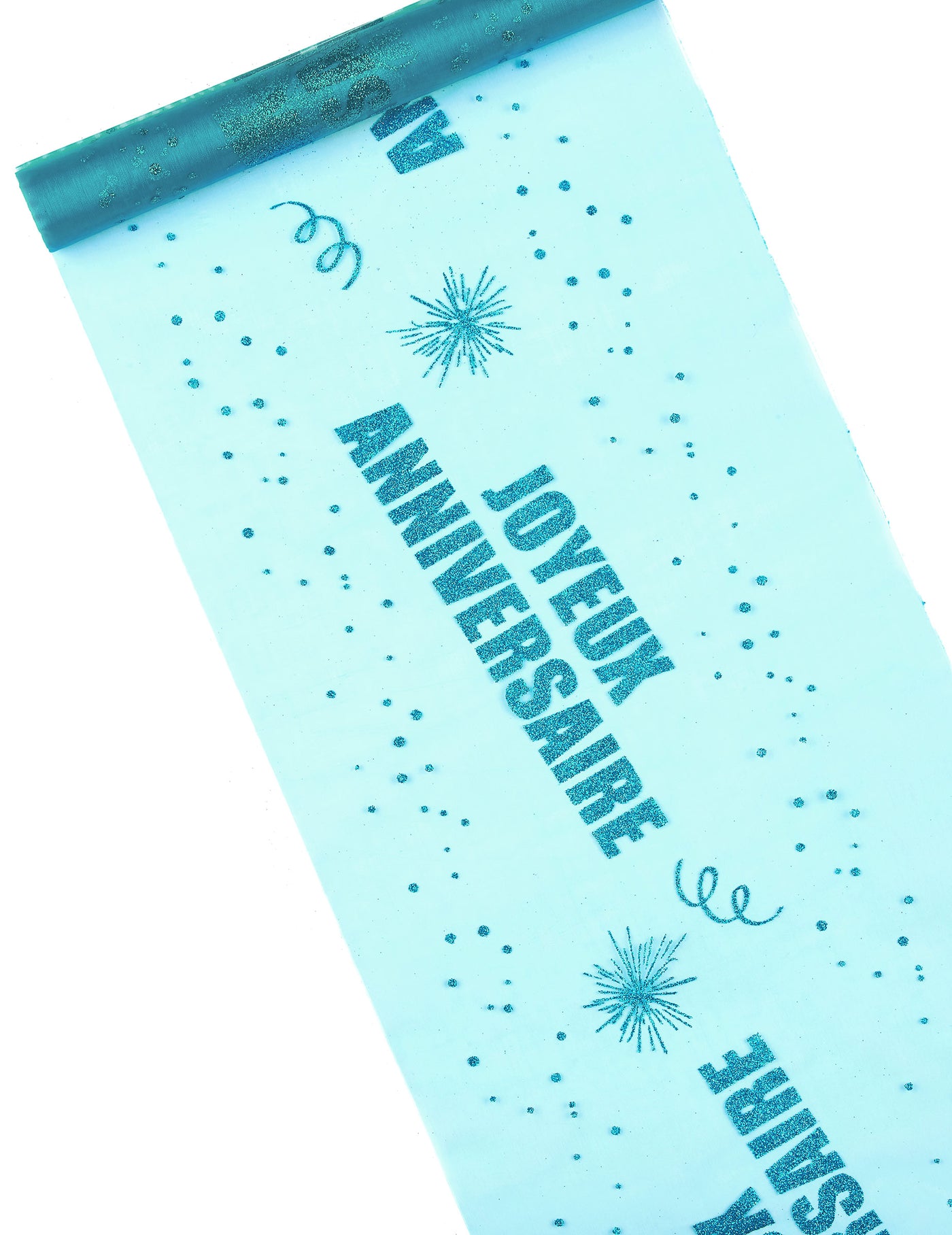 Chemin de table organza joyeux anniversaire turquoise 29 cm x 5 m à paillettes