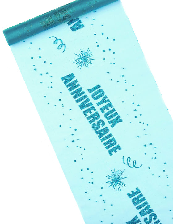 Chemin de table organza joyeux anniversaire turquoise 29 cm x 5 m à paillettes