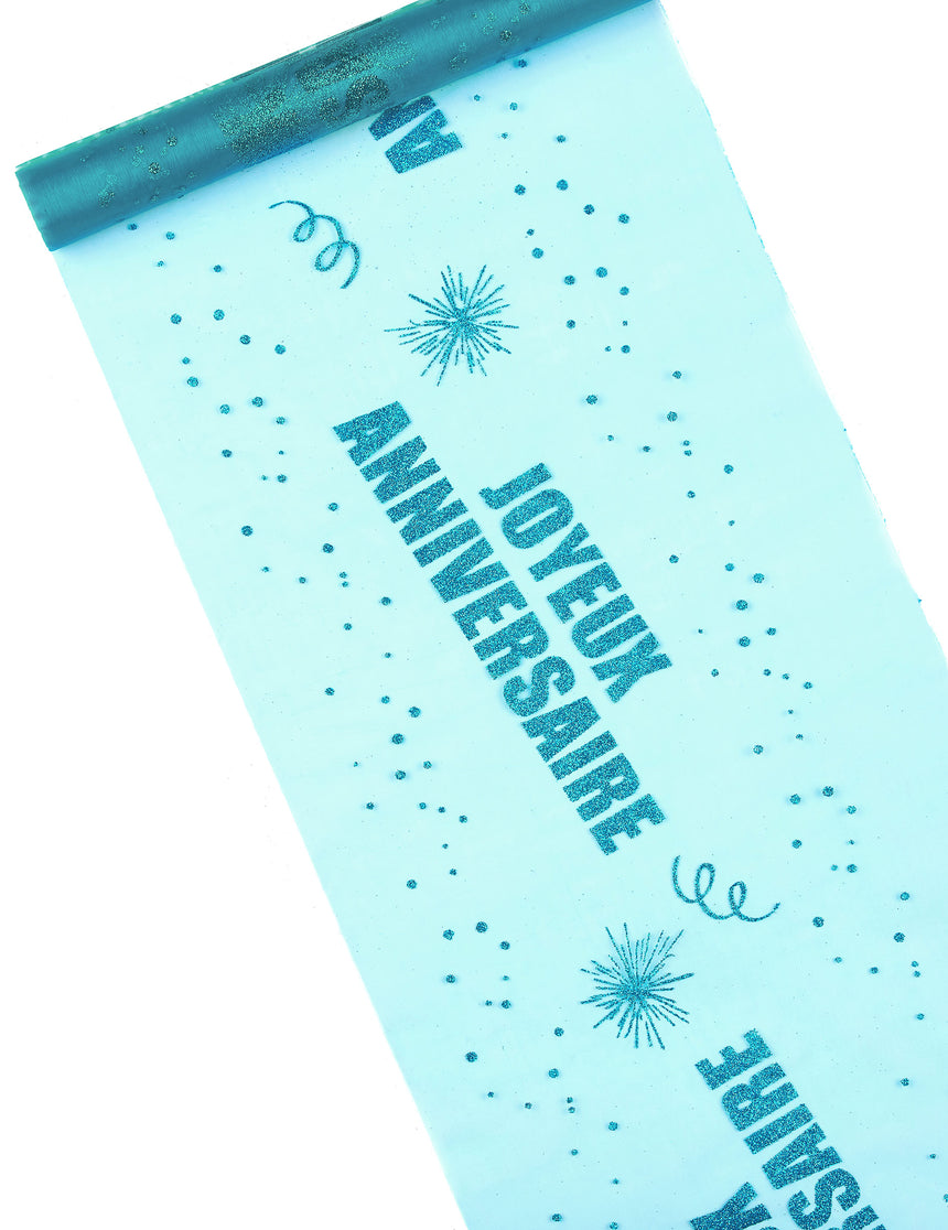 Chemin de table organza joyeux anniversaire turquoise 29 cm x 5 m à paillettes