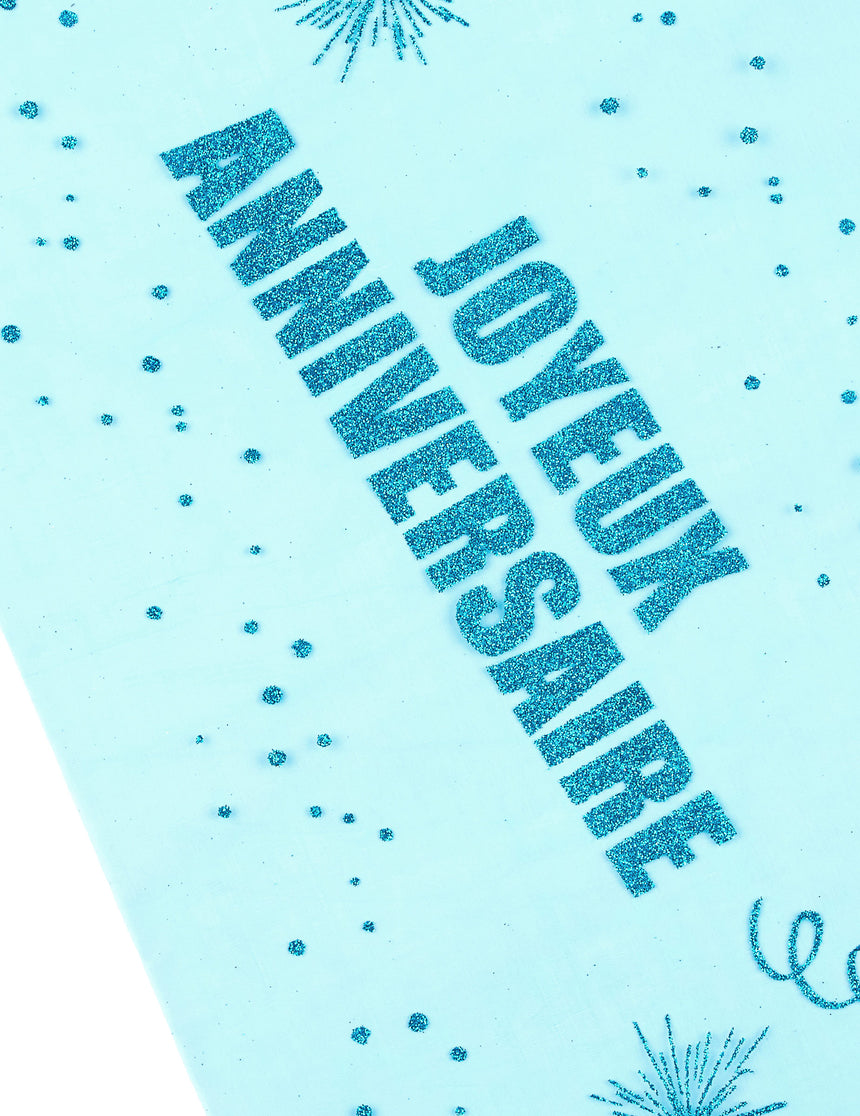 Chemin de table organza joyeux anniversaire turquoise 29 cm x 5 m à paillettes