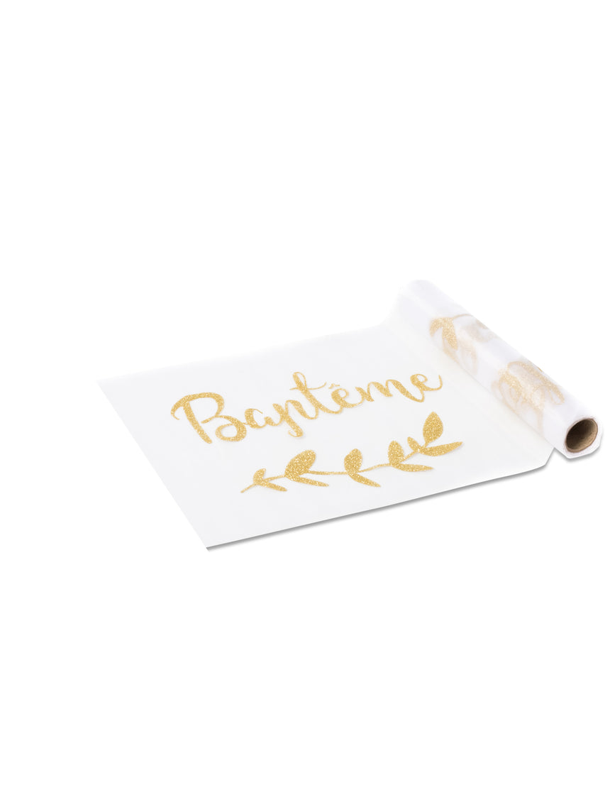 Chemin de table en organza baptême paillettes dorées 28 cm x 5 m motifs laurier