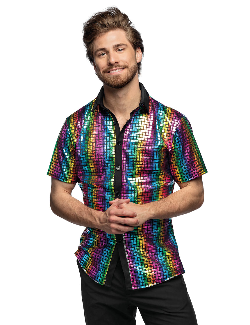Chemise boule à facettes disco arc en ciel homme