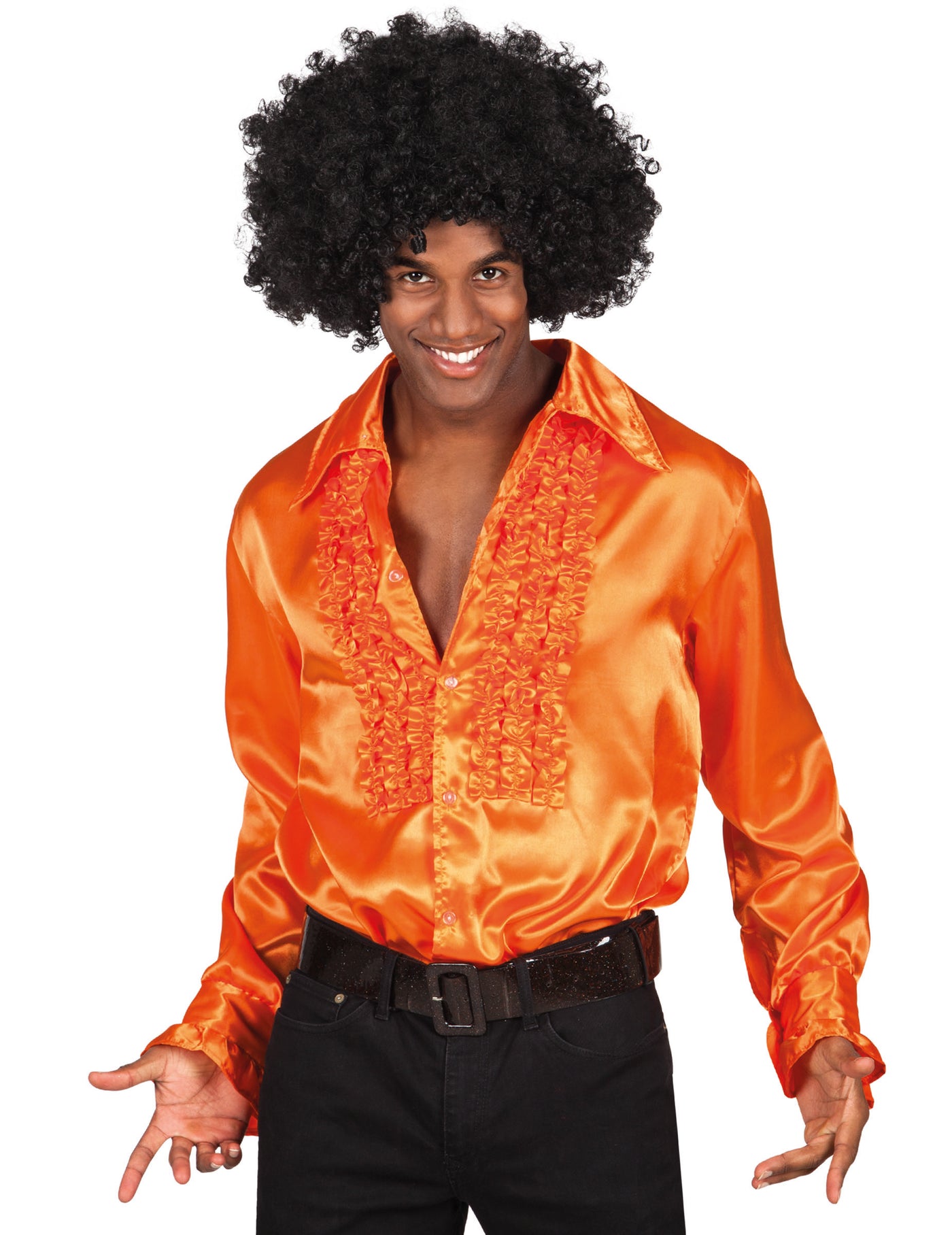 Chemise disco orange homme satinée à froufrous
