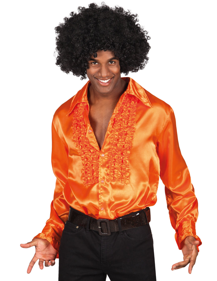 Chemise disco orange homme satinée à froufrous