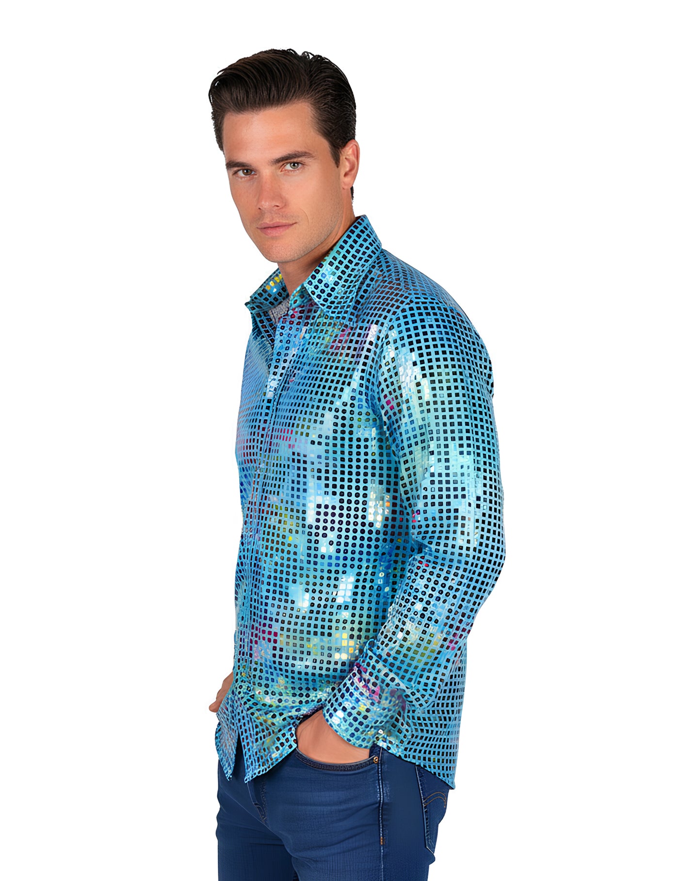 Chemise homme disco turquoise haut de gamme