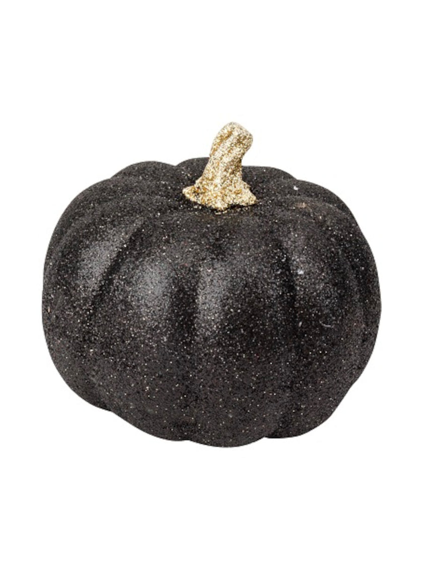 Citrouille en résine paillettes noires et or 12 cm