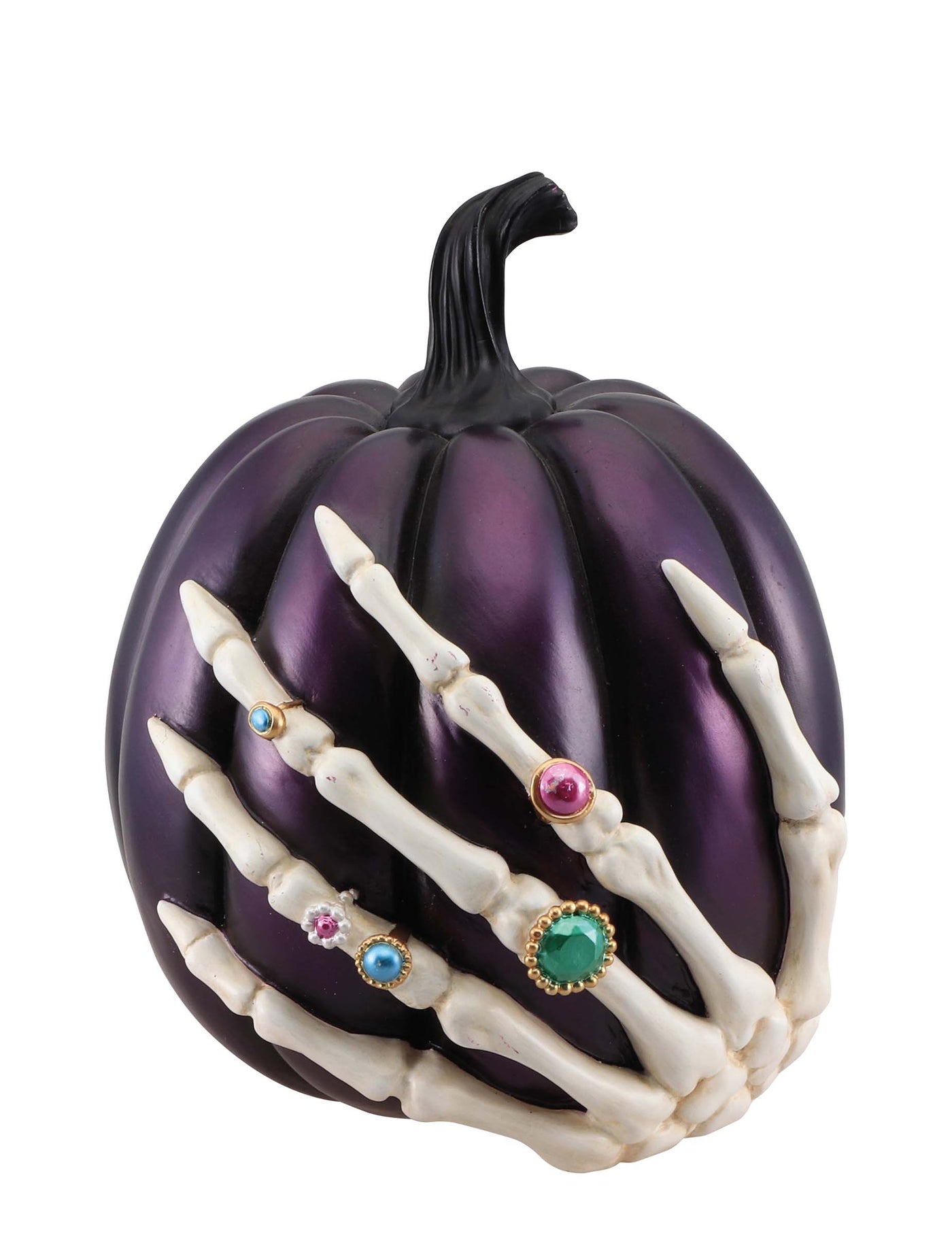 Citrouille violette avec main squelette en résine 27cm