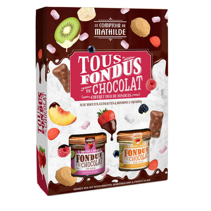 Coffret Kit Fondue Chocolats Lait et Blanc & Guimauves, Biscuits et Bonbons - 390g