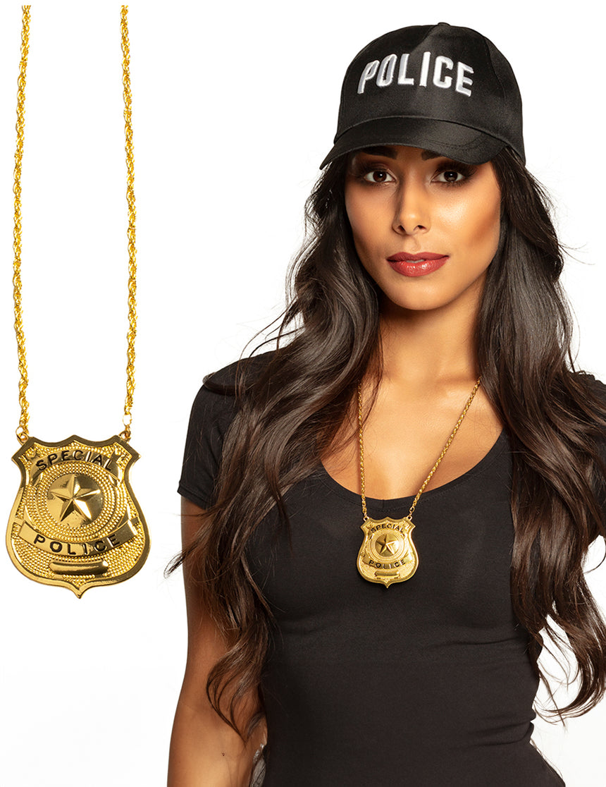 Collier en métal insigne police doré adulte