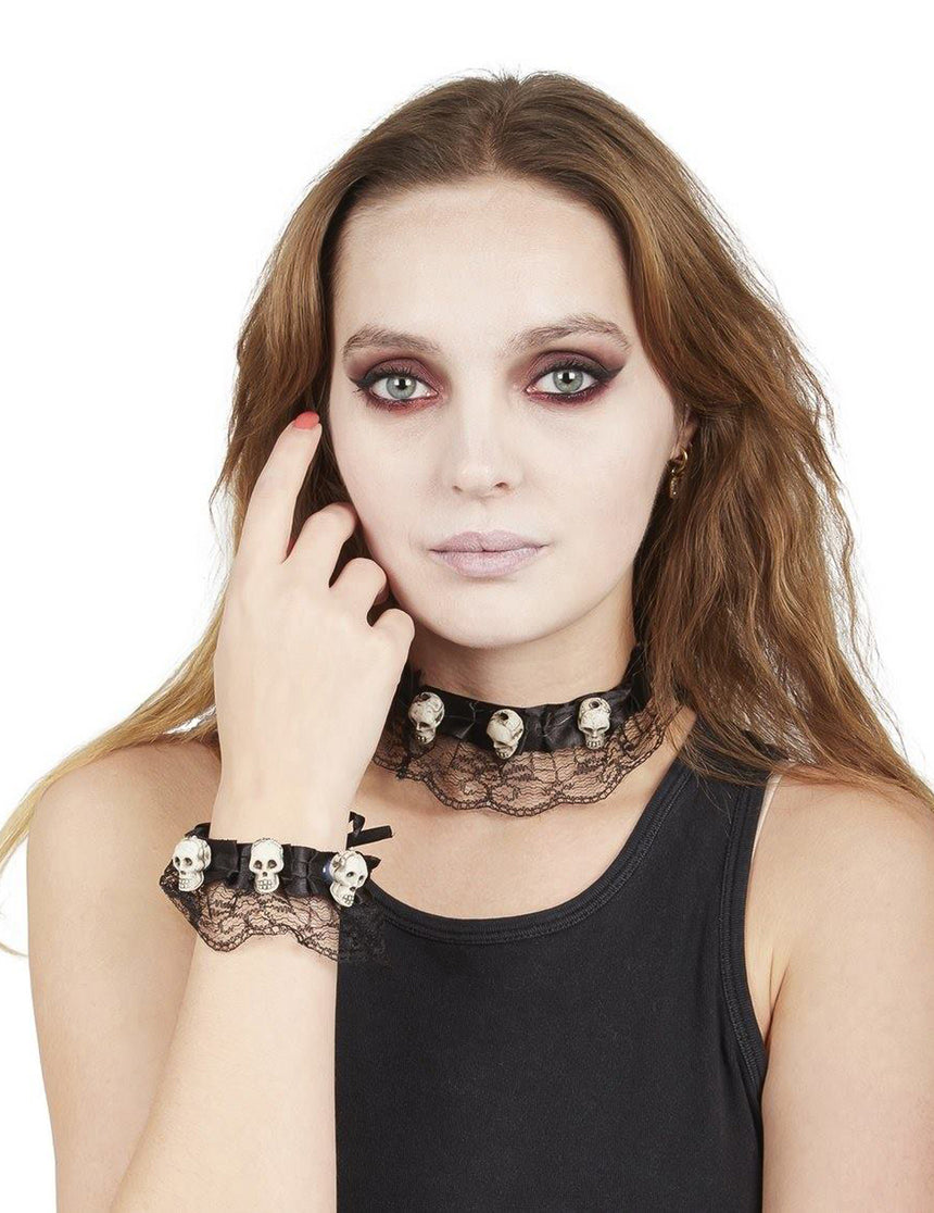 Collier et bracelet dentelle avec tête de mort Halloween