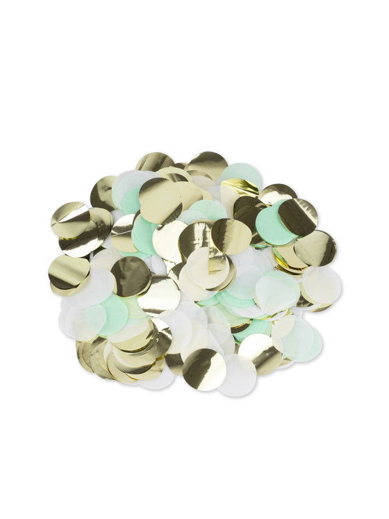 Confettis papier menthe, blanc et dorés 3 cm décoration de table chic