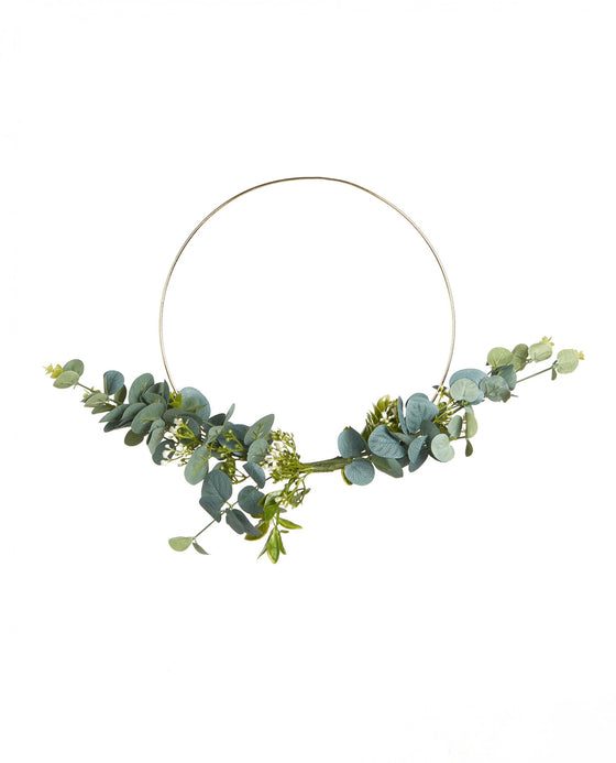 Couronne en métal d'eucalyptus et fleurs blanches cercle or 30 cm