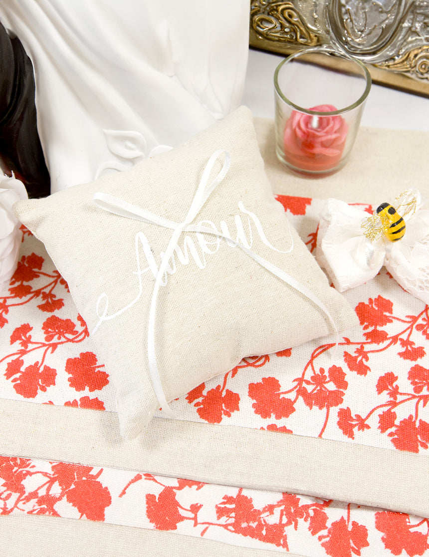 Coussin pour alliances en toile amour 15 x 15 cm en lin naturel