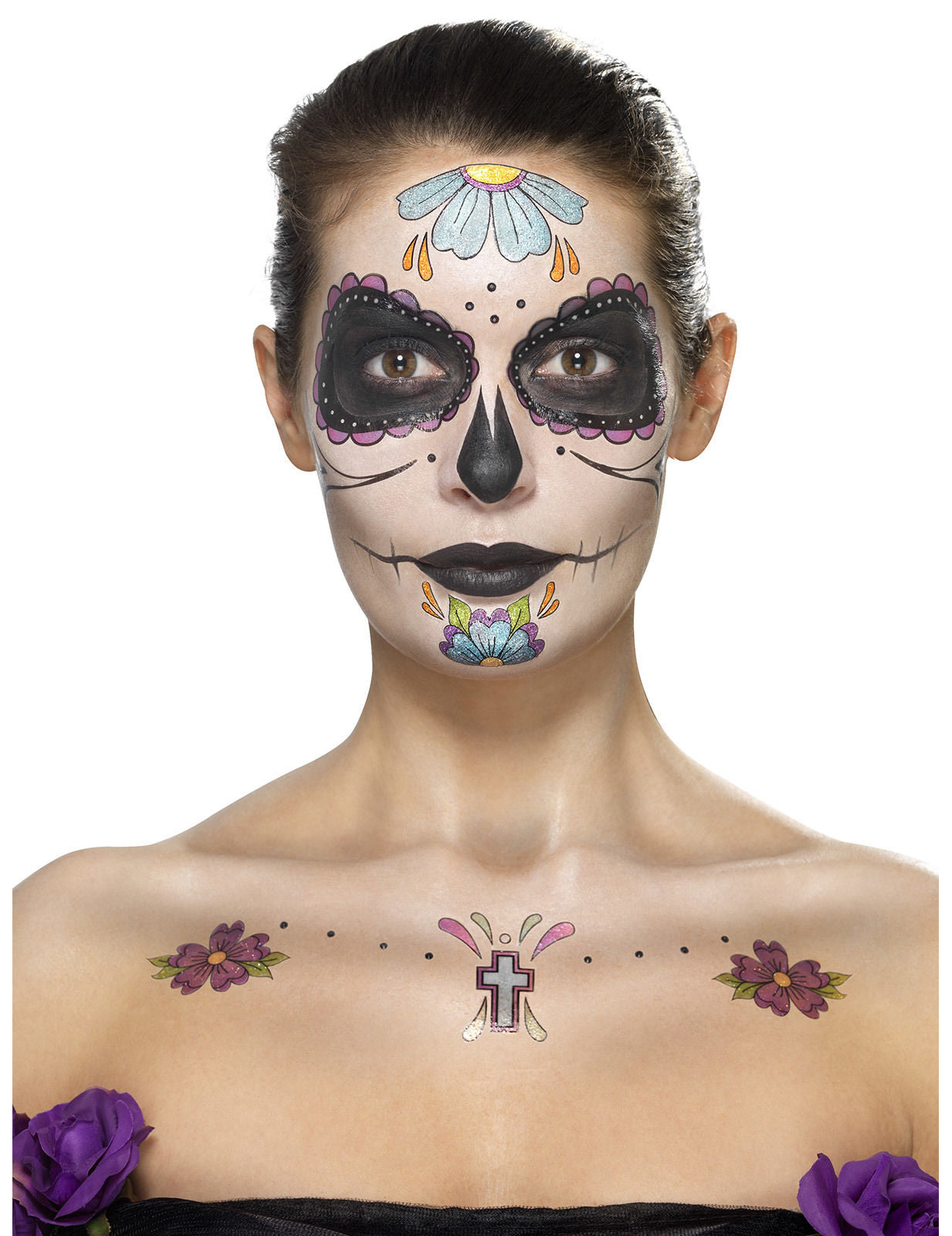 Kit maquillage fleurs bleues femme Dia de los muertos