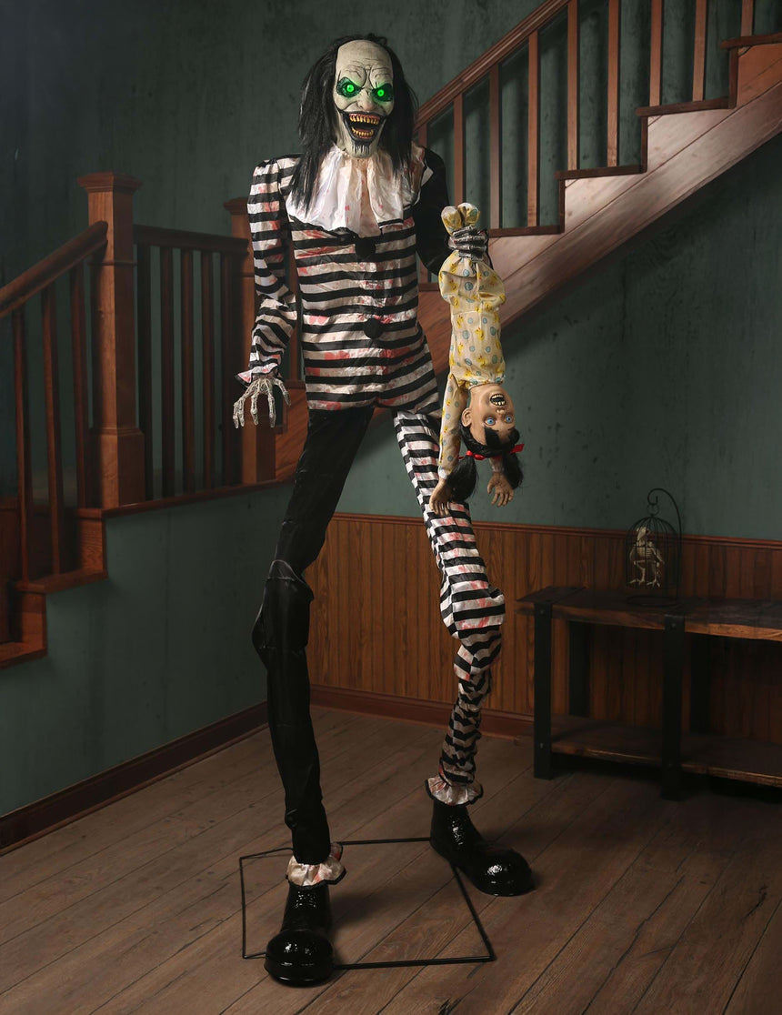 Décoration animée Clown Terrifiant avec Enfant Suspendu avec Mouvements et Lumières 2,15m